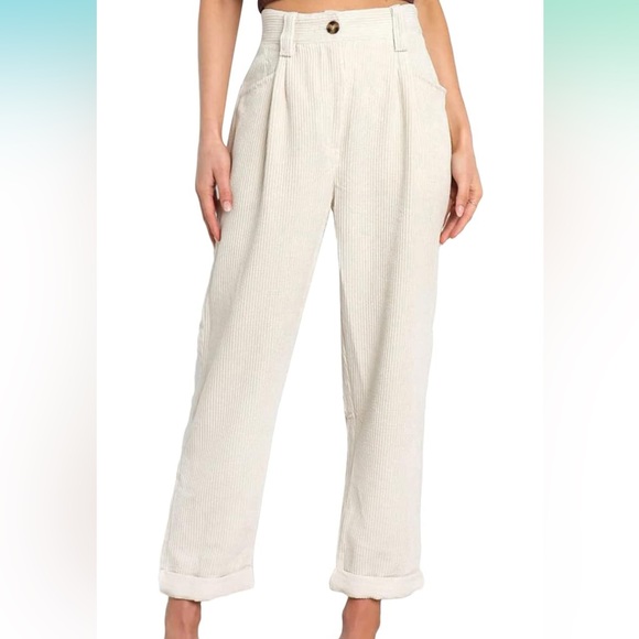 Women's High Waisted Cropped Corduroy Pants Straight Leg Trousers with Pockets - Picture 2 of 5